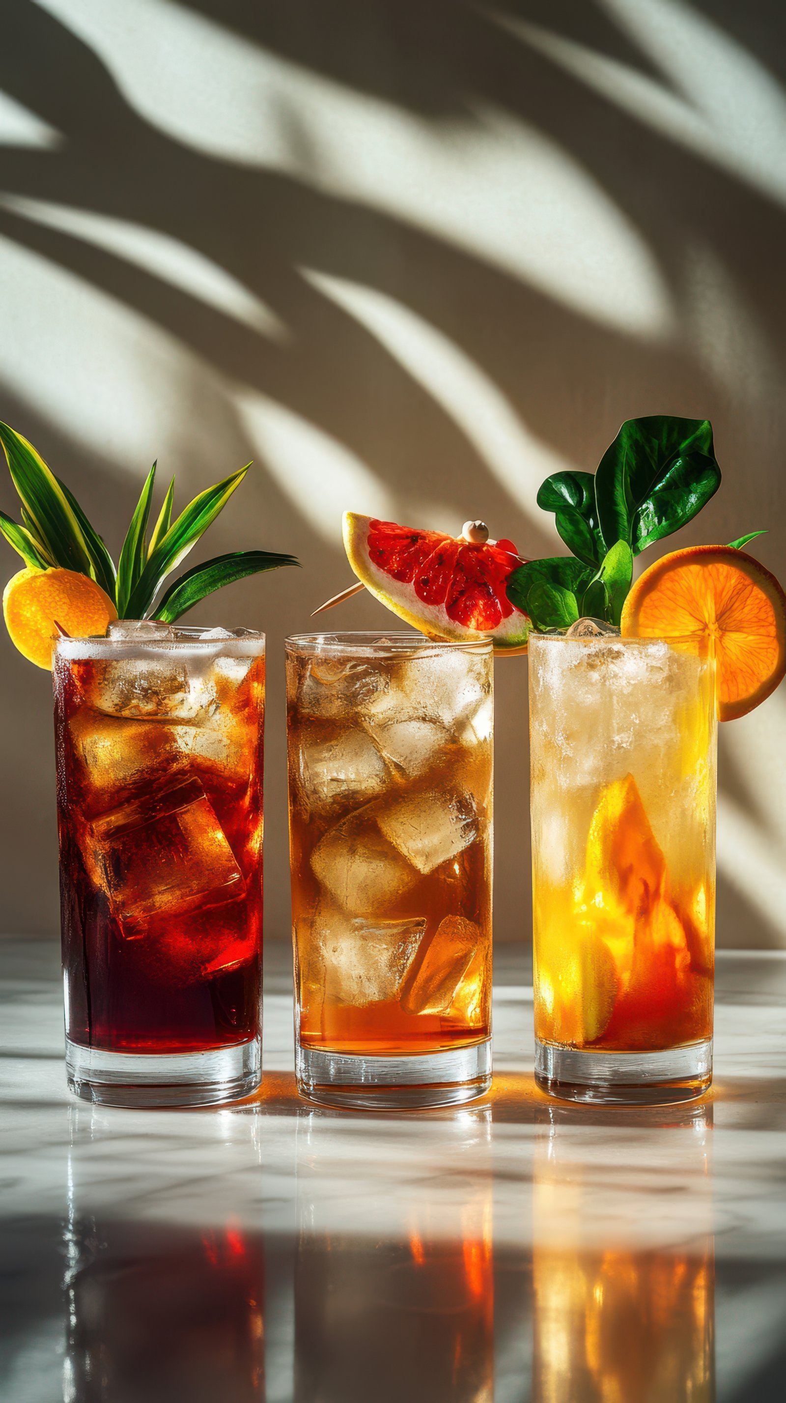 Refreshing summer cocktails with vibrant garnishes served on a marble table in bright sunlight